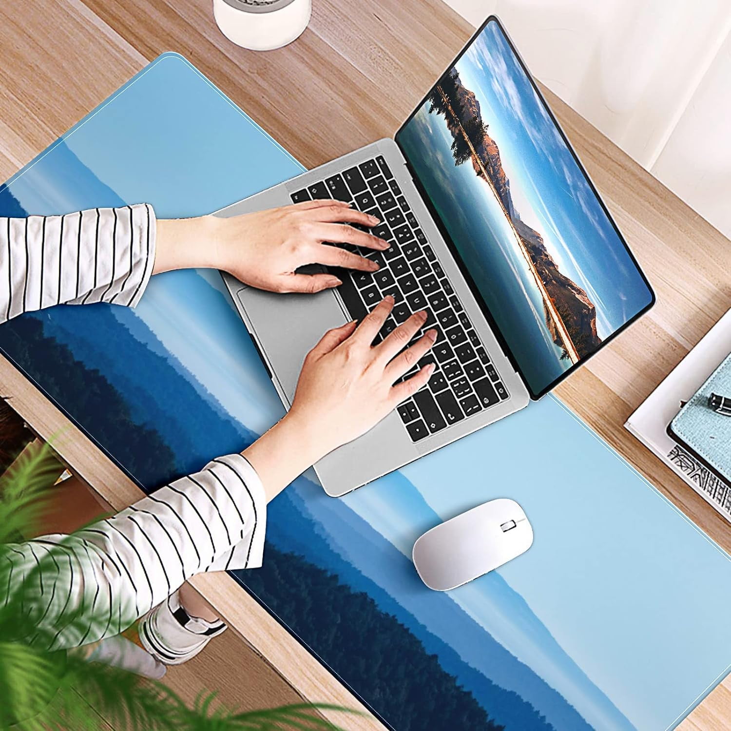 Green Trees Mountain Desk Mat, Desk Accessory, Cute Workspace, Trendy Workspace, Trendy, 35.4x15.7in Large Gaming Mouse Pad, Cute Desk Topper, Pretty Desk Pad