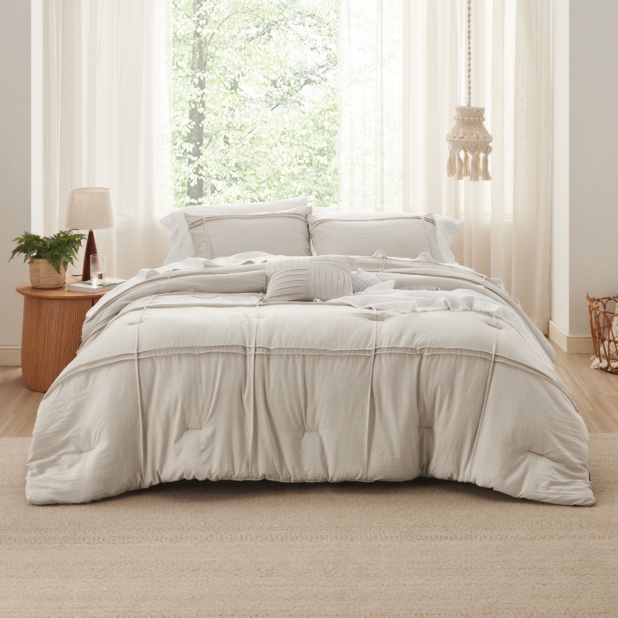 Cozy Comfort Beige Queen Comforter Set - 4 Pieces Grid Pleated Bed Set, Down Alternative Bedding Sets for All Season, 1 Comforter, 2 Pillowcases, 1 Decorative Pillow