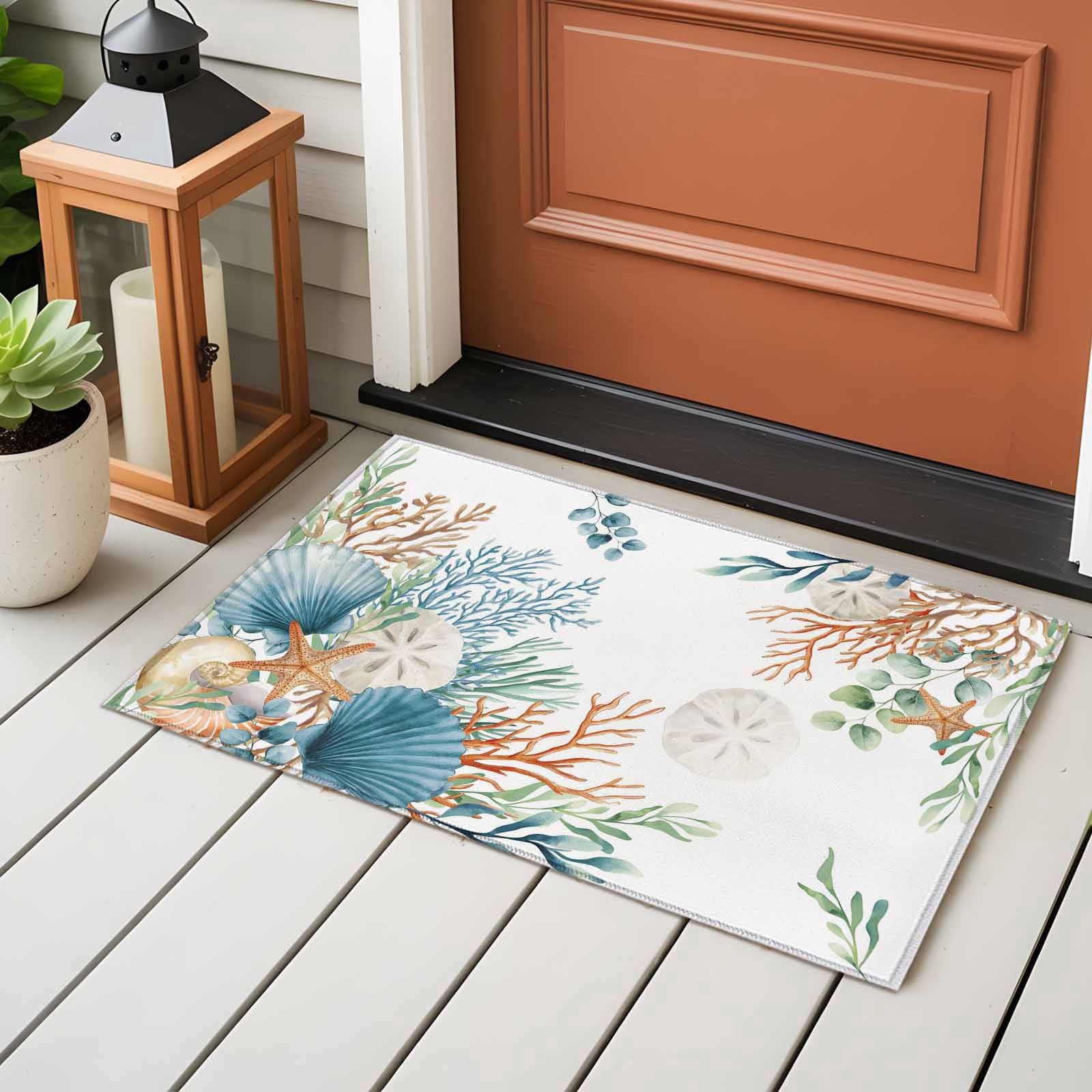 Entryway Rug 2'x3', Beach Coastal Small Rug for Kitchen Bathroom Door Mat Indoor Entrance, Summer Nautical Coral Shell Botanical Non-Slip Area Rugs Floor Mats Carpet Front Door Rugs