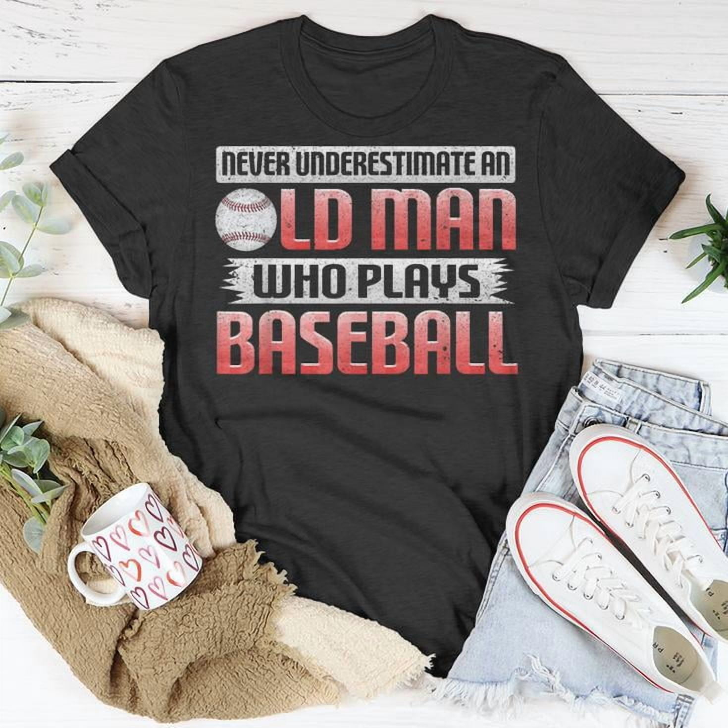 Never Underestimate an Old Man Who Plays Baseball Graphic Cotton Tee Unisex Adult Casual Sports Enthusiast T-Shirt, Size 5XL, Color Black