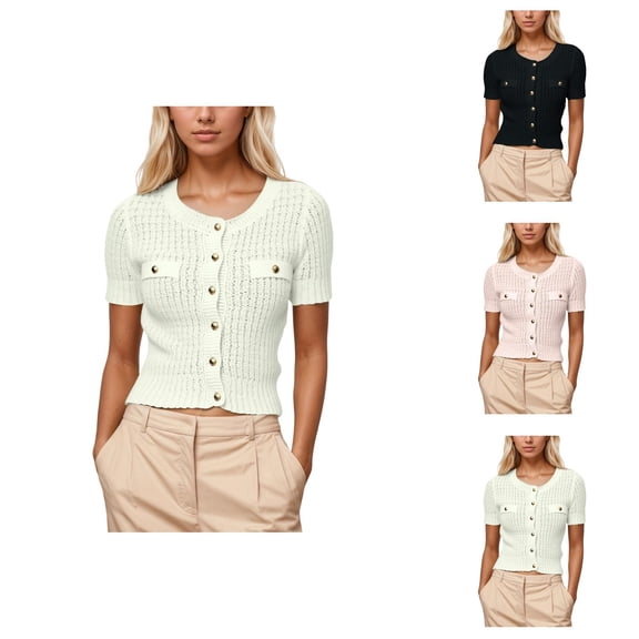 women fall clothes Women's Sweater Coat Knitted Button Front Cardigan Short Sleeve Open Front Sweater Coat With Metallic Buttons And Round Neck For Casual Wear