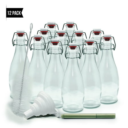 

Nevlers 8.5 Oz. Glass Bottles - Set of 12 | Swing Top Airtight Seals + Brush + Funnel + Marker | Reusable Glass Water Bottle