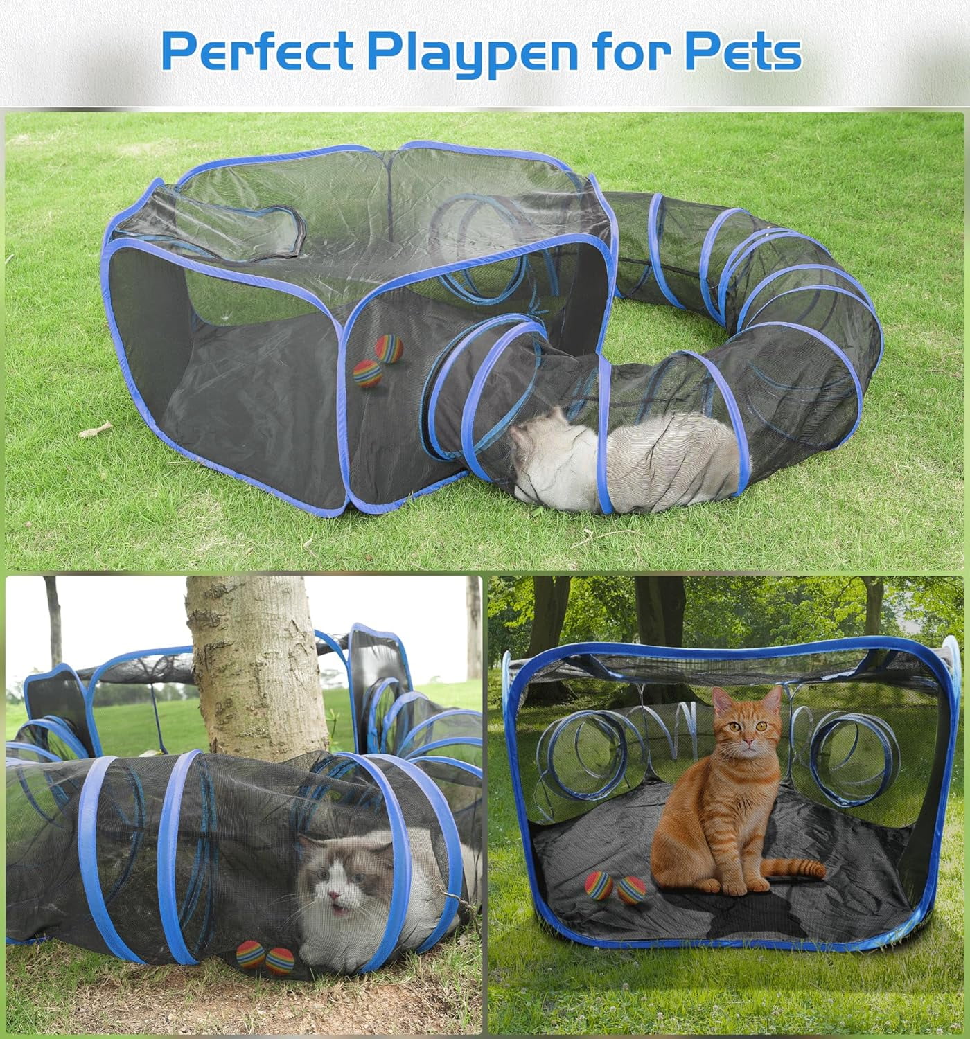 Senhu Outdoor Cat Enclosures, Portable Cat Tent for Outside Cat Playpen Enclosed with Tunnel, Catio Cat Enclosure for Indoor Cats and Other Small Animals Blue