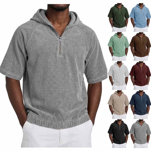 Yertdoel Hoodies for Men, Solid Color Short Sleeve Hooded Half Zip Pullover Sweatshirt Soft Loose Lightweight Breathable Beach Vacation Summer Outdoor Casual Shirts