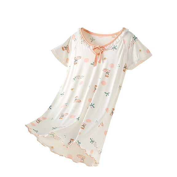 REDARER Girls Short Sleeve Nightgown Class A Silky Soft Mid Length Lightweight Summer Home Sleep Dress,4-5 Years
