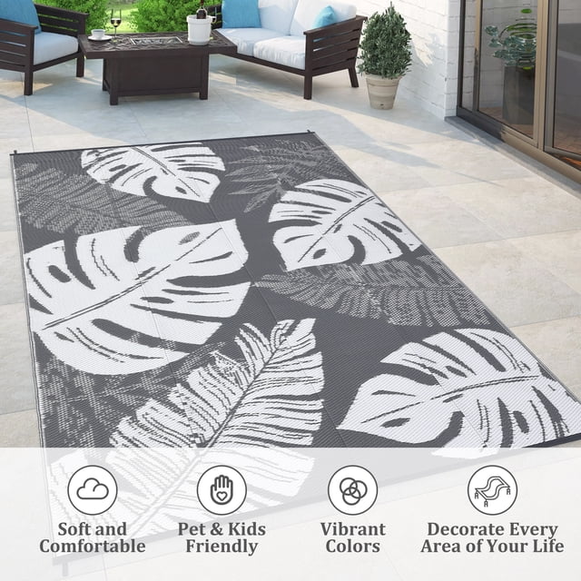 Reversible Patio Mat – Waterproof Plastic Straw – Tropics Palm Leaves Design – RV, Deck, Balcony, Porch & Beach – Modern Camping Outdoor Rug