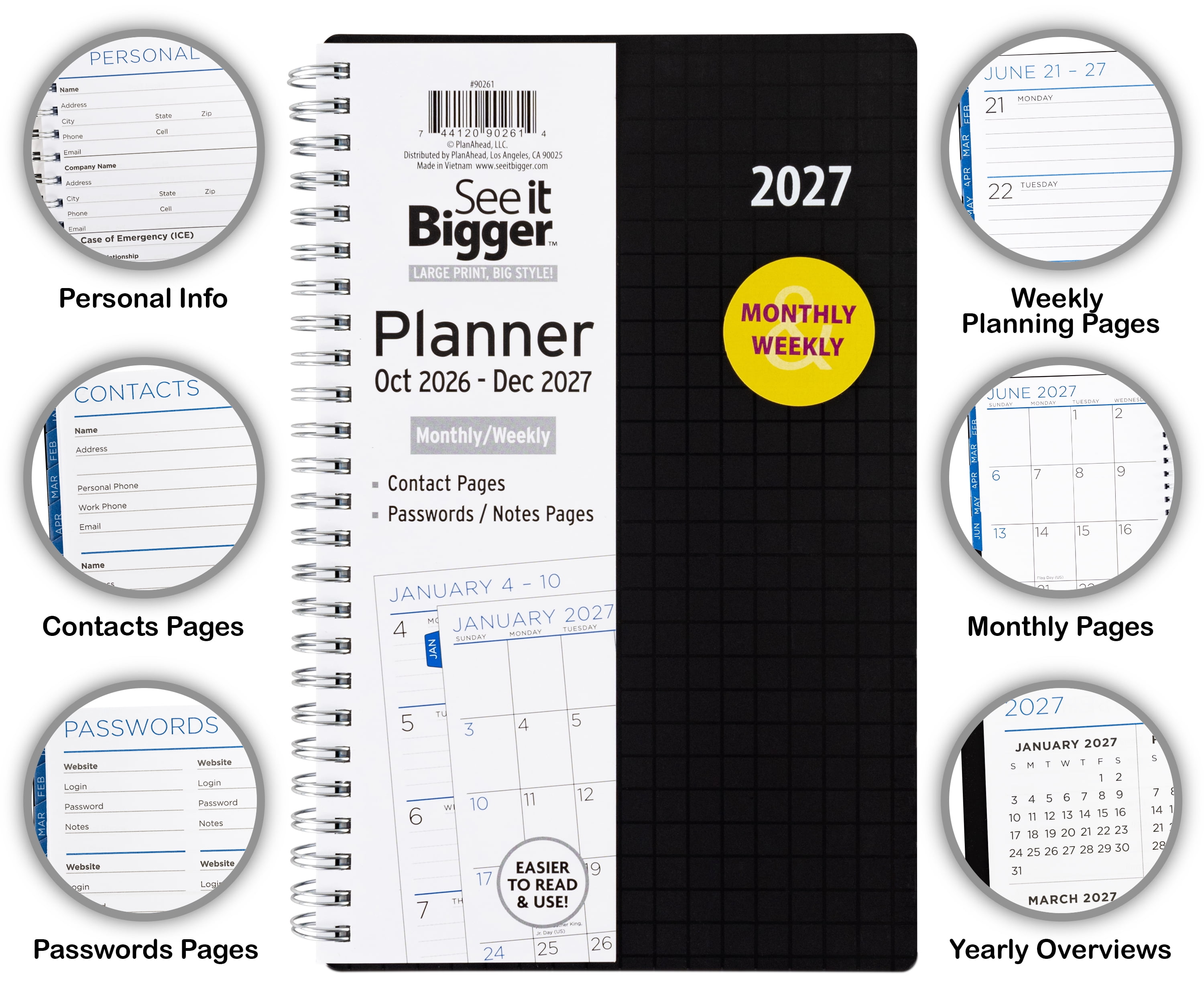 See It Bigger Monthly Weekly Planner (5.5" x 8.75") Black, 15-Month: October 2026 - December 2027