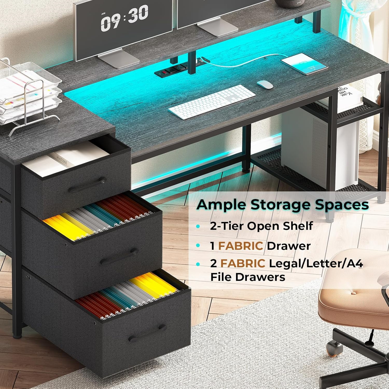 59" Office Desk with Drawers, Reversible Computer Desk with File Drawers & Storage, Gaming Desk with LED Lights & Power Outlet, Home Office Desks for Printer, Grey