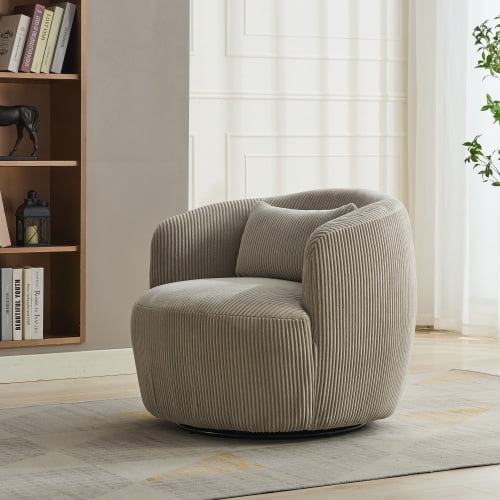 BSHTI 34.25" Wide Upholstered Corduroy 360°Swivel Barrel Soft Accent Chair with Pillow,Circular Reading Armchair for Living Room,Bedroom,Office,Lounge,Light Gray