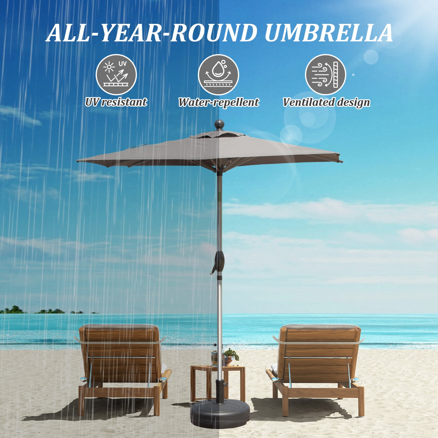 6FT Outdoor Patio Umbrella, Rectangle Market Umbrella with Push Button Tilt and Crank, Table Umbrella 8 Sturdy Ribs UV Protection for Deck, Backyard, Pool, Grey