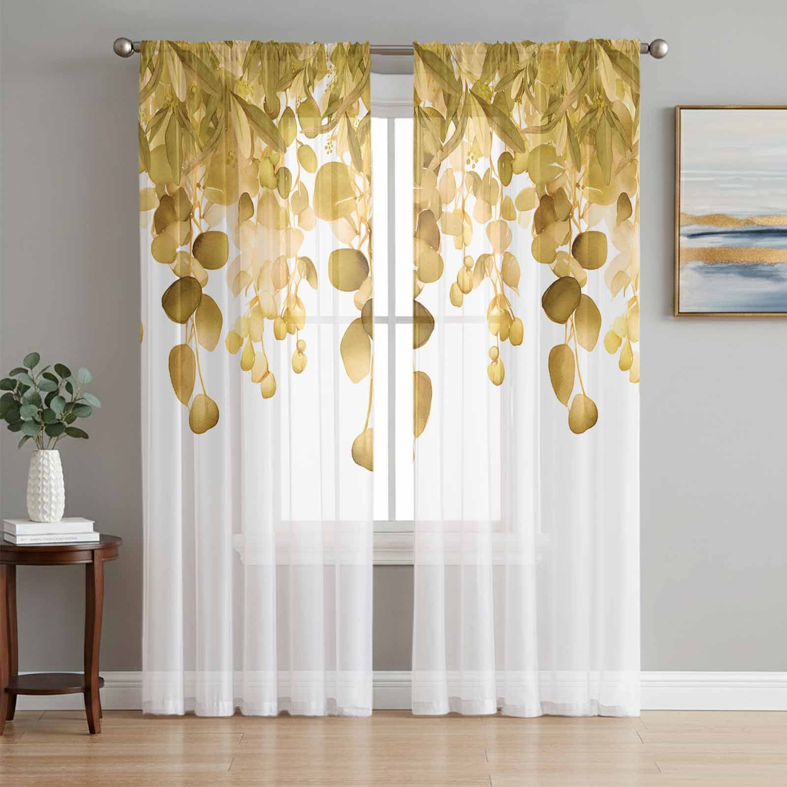 Yellow Botanical Semi Sheer Curtains 108 Inch Length 2 Panels Set Watercolor Spring Eucalyptus Leaves Sheer Kitchen Curtain Privacy Voile Window Curtain for Living Room Bedroom Rod Pocket Drapes