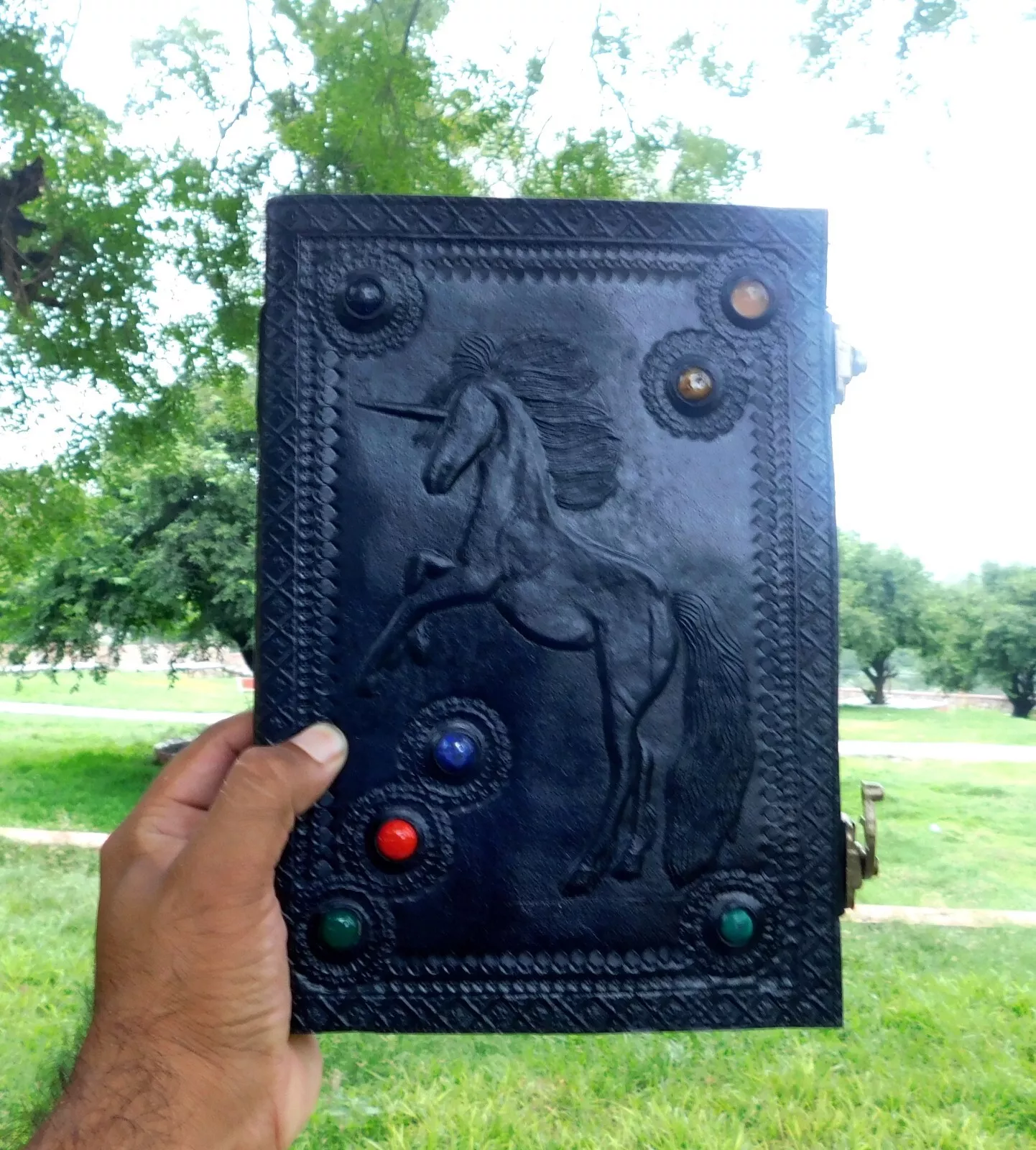Handcrafted Embossed Design Vintage Leather Bound Journal Unicorn Grimoire Book of Shadow Spell Diary Blank Notebook For Men & Women