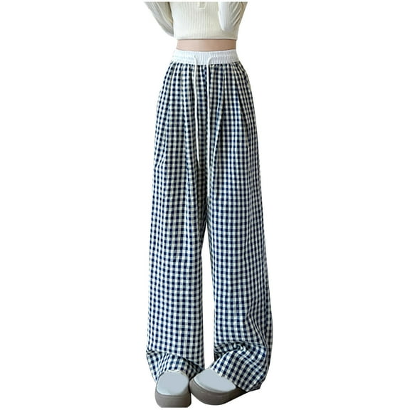 biudgviw Women's Plaid Pants Casual Loose Drawstring Elastic Waisted Baggy Lounge Trousers Fall Travel Vacation Wide Leg Pants with Pockets