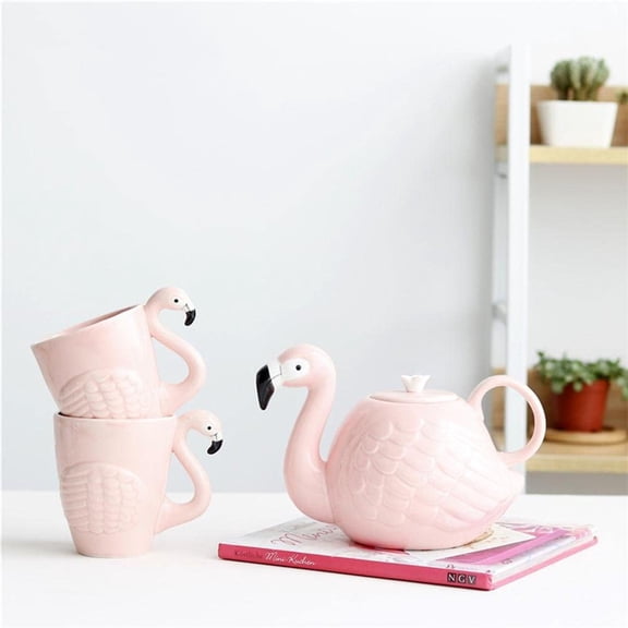 JointVictory Flamingo Coffee Mugs and Teapot Set 15 Ounce Ceramic Flamingo Cups 34 Ounce Porcelain Teapot for Women,Wife Birthday,Mother Day,Girlfriend,Grandma (Set of 3)