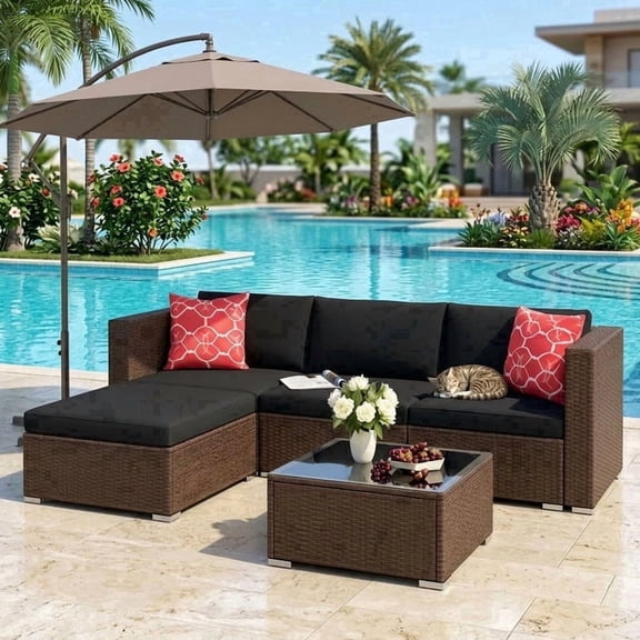 Patio Furniture Set, 5-Piece Outdoor Conversation Set with Tempered Glass Bistro Coffee Table & Plush Cushions, All-Weather PE Wicker, Rust-Resistant Metal Frame, Black