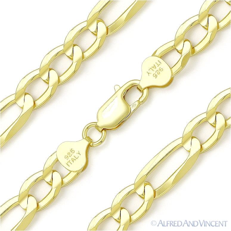 Italy 925 Sterling Silver 14k Yellow Gold 8.3mm Figaro Pave Link Chain Necklace 