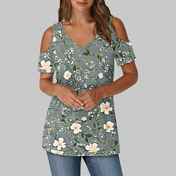 Olyvenn Women's V Neck Tunic Top Floral Print Cold Shoulder Tshirt Short Sleeve Casual Blouse for Leggings Multicolor XXL