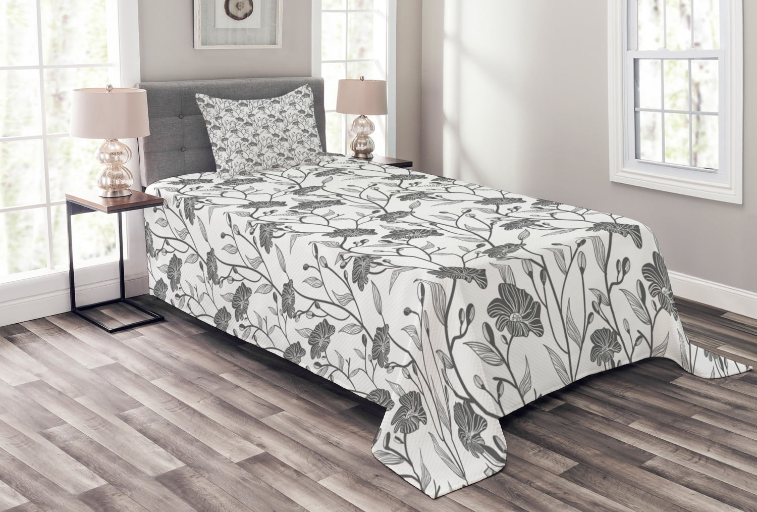 Grey Bedspread Set, Modern Graphic of Flowers and Branches with Simple