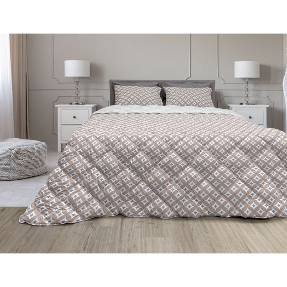 Geometric Comforter & Sham Bedding Set, Entwined Circles with Small Plus Signs Inside Abstract Design, 3 pcs Duvet Set Microfiber Filling Quilt, 5 Sizes, Dried Rose Slate Blue, by Ambesonne