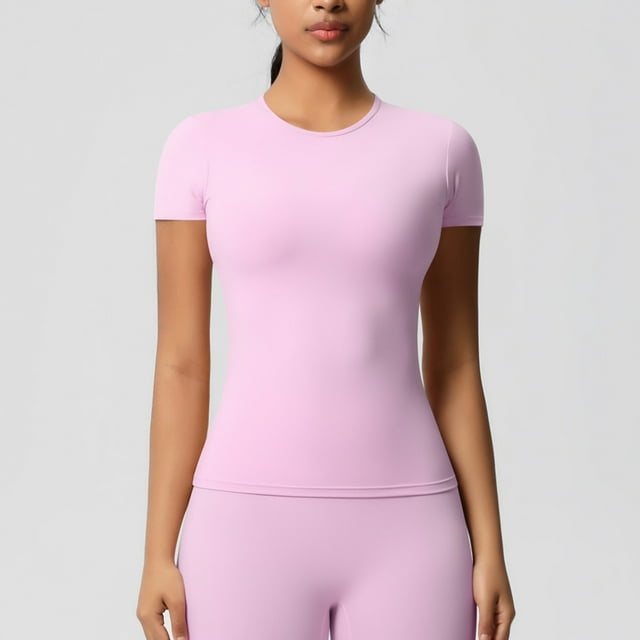 Jusqu'à 30 % de Réduction, Blouses de Sport Décontractées pour Femmes, Couleur Unie, Séchage Rapide, Manches Courtes, Col Rond, Respirantes et Confortables, Idéales pour Voyage/nylon, Spandex, Rose, Sopatenor