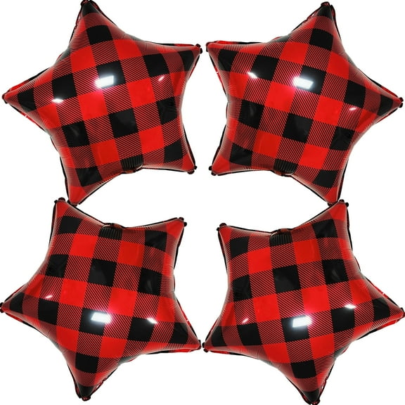 CYMYLAR 4 Pack 18in Red and Black Buffalo Plaid Star Mylar Balloons, Lumberjack Rustic Party Decor.