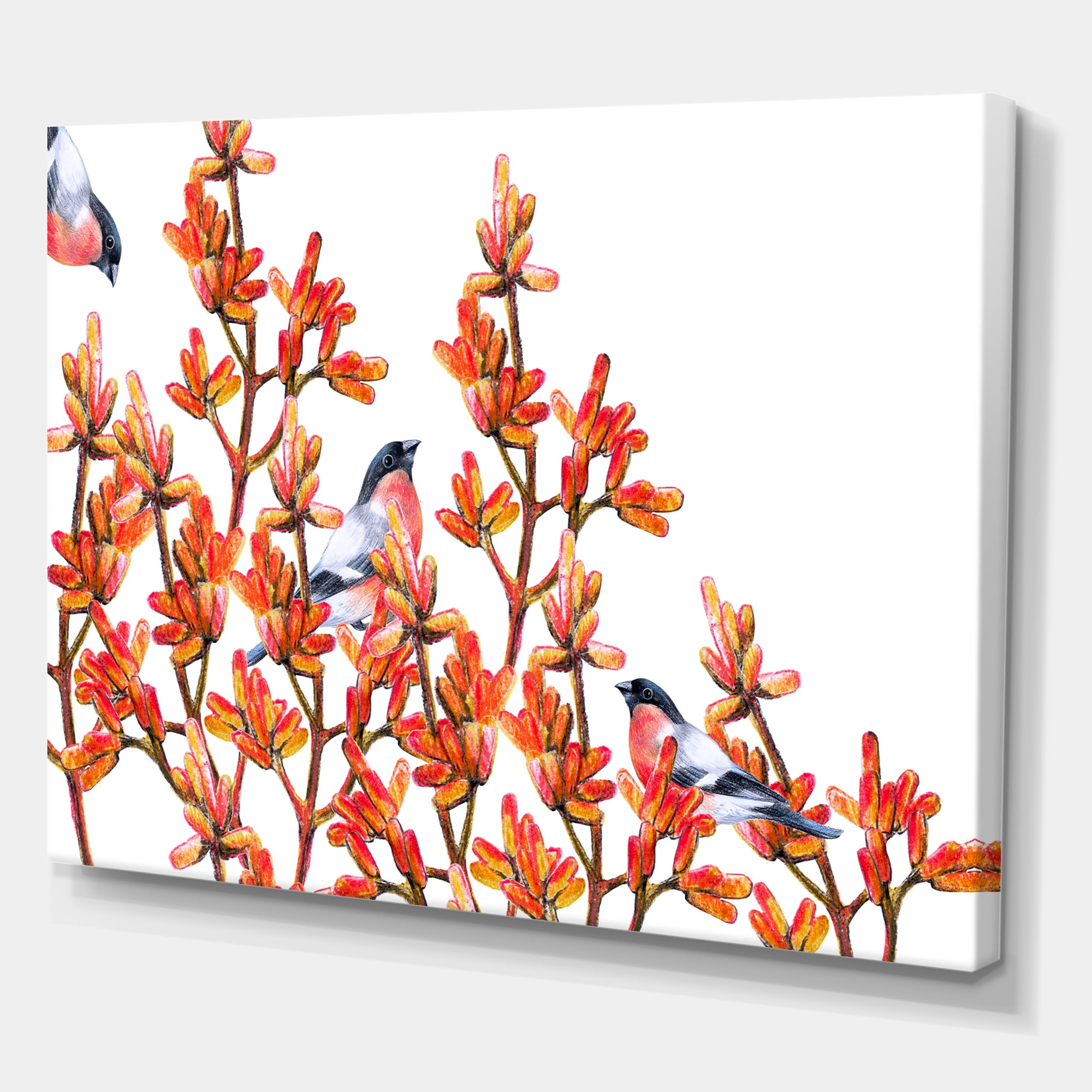 Designart ' Flock of Bullfinches Birds Sitting on Orange Branches ' Traditional Canvas Wall Art Print