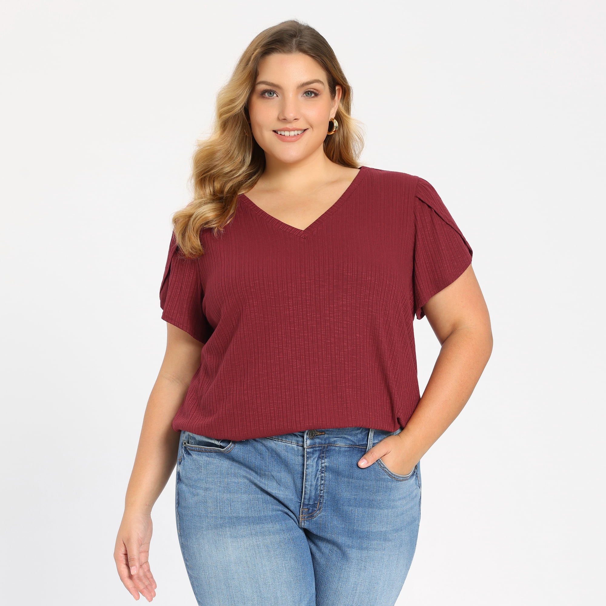 DARING DIVA Women's Plus Tulip Sleeve V Neck T Shirts Basic Blouses 4X Burgundy