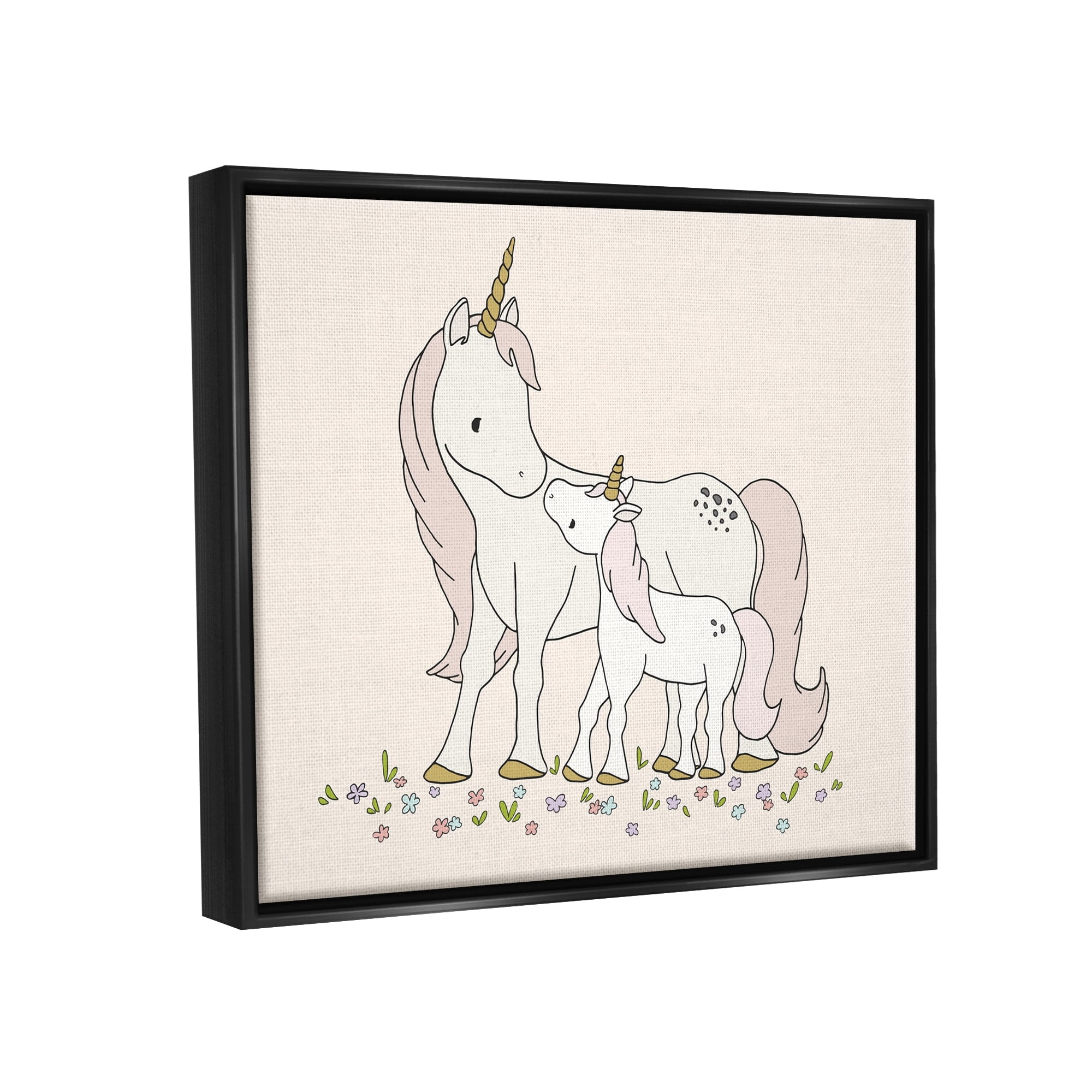 Stupell Industries Magical Unicorn Mother & Baby Family Flower Meadow Graphic Art Jet Black Floating Framed Canvas Print Wall Art, Design by Sweet Melody Designs