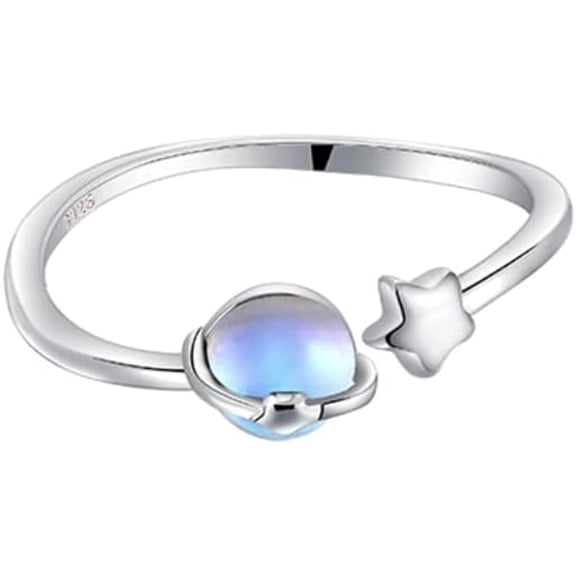 Moonstone Planet Star Ring 925 Sterling Silver for Women Celestial Saturn Adjustable Open Wrap Finger Rings Comfort Fit Cute Dainty Birthday Christmas Jewelry Gift for Daughter Sister