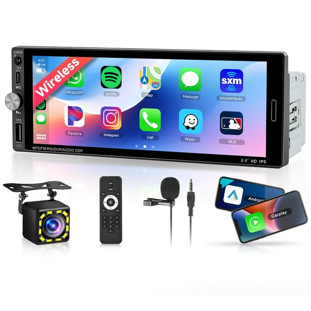 Single Din Car Stereo with Wireless Carplay Android Auto-2025 Upgraded Bluetooth 5.2 Type-C Dual Mic 6.9 Inch IPS Touch Screen Car Radio with Backup