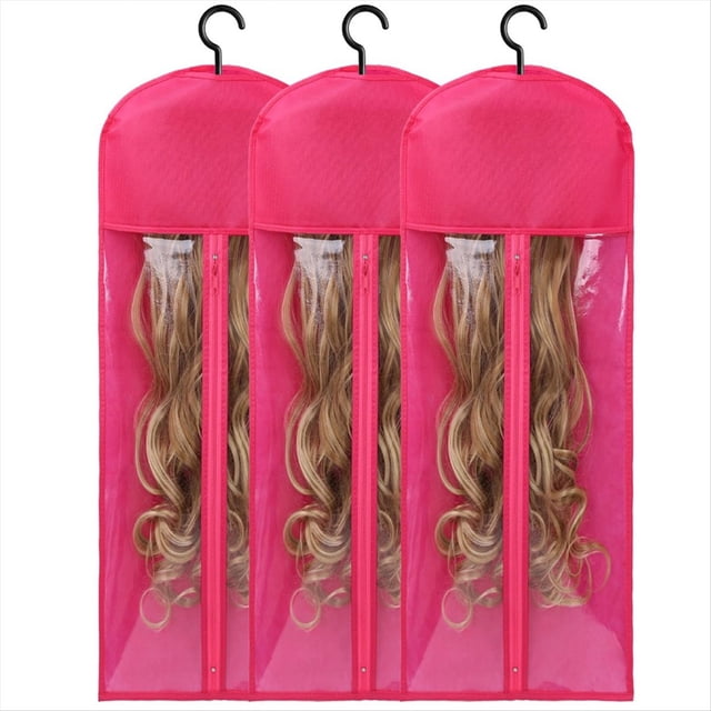 3 Piezas Colgador de Peluca Extra y Bolsas de Almacenamiento, Soporte para Extensiones de Cabello una Prueba de Polvo e Impermeable, Diseñado para Pelucas Rosa Roja