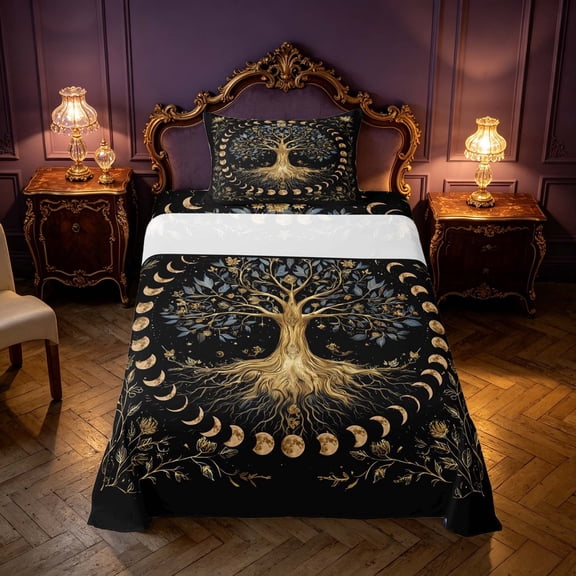 Homewish Tree of Life Twin Sheets, Vintage Moon Phase Bedding, 3 Pieces, 1 Flat Sheet, 1 Fitted Sheet and 1 Pillowcase