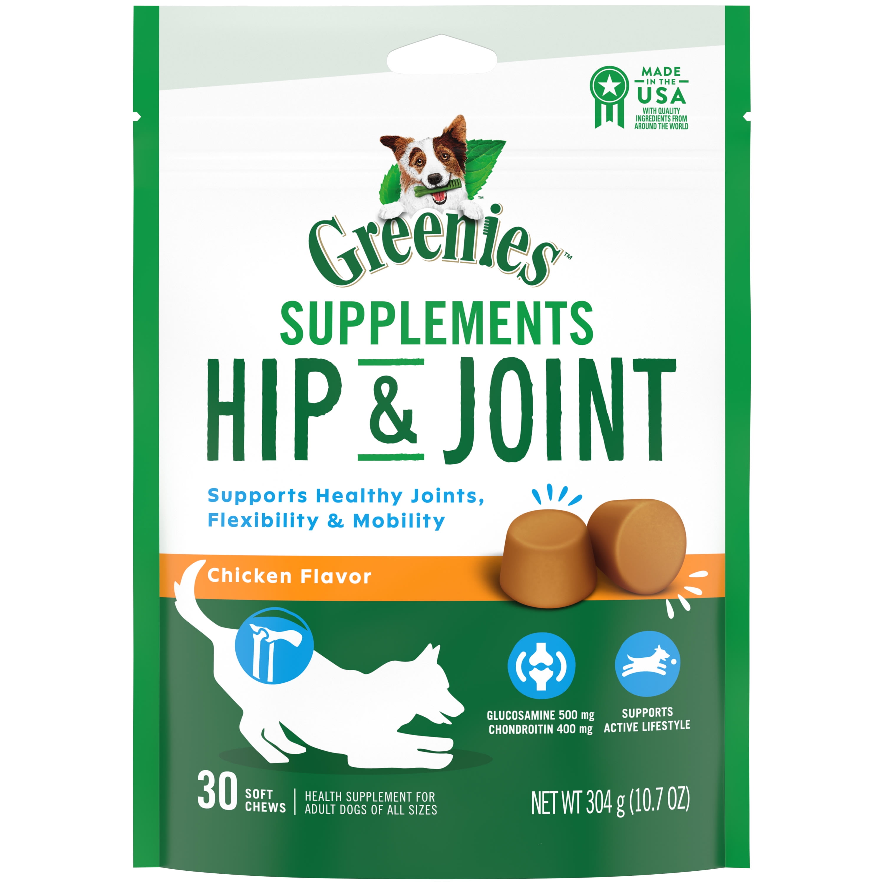 GREENIES Dog Supplements Chicken Flavor Soft Chew Treats for Hip & Joint Care for Adult Dogs All Sizes, 10.7 Ounces Pouch