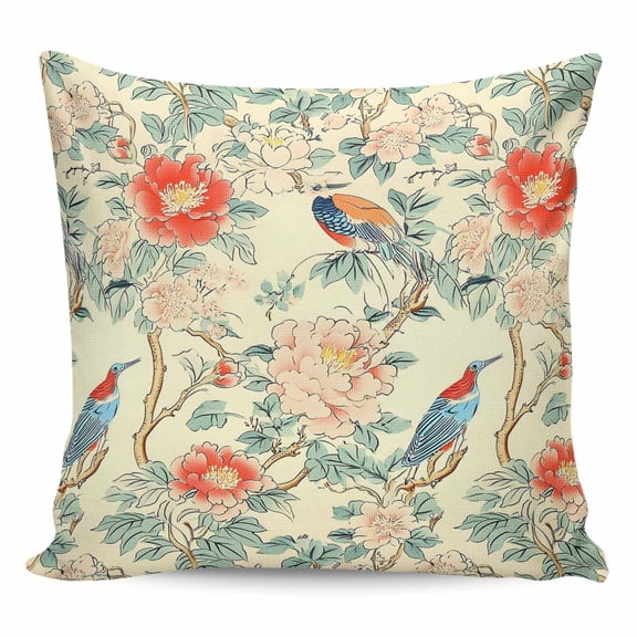 Throw Pillow Covers 18x18 Inch, Red Pink Floral Decorative Pillow Cases for Couch Sofa Bed, Vintage Watercolor Bird Flower Leaf Plant Cotton Linen Square Home Decor Pillowcases with Hidden Zipper