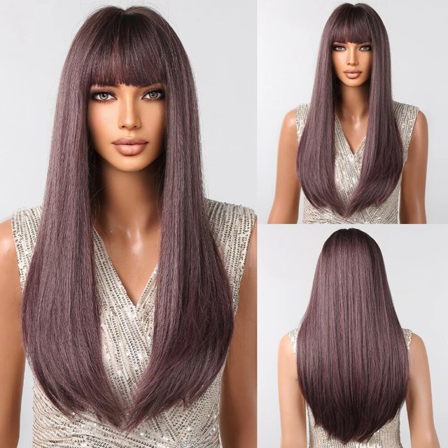 Pelucas sintéticas de color rojo vino oscuro para mujer, pelo largo y liso con flequillo, peluca Natural para disfraz, fibra resistente al calor