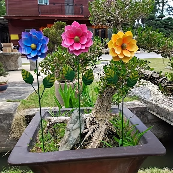 3-Pack Metal Flower Garden Stakes，Metal Flowers for Outside，Lawn Ornaments & Garden Stakes, Decorative Metal Yard Decor, Patio & Flower Bed Decor, Perfect for Outdoor Lawn Patio Pathway Decorations