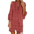 thumbnail image 1 of Lanhui Fashion Women Loose Casual Solid Lace Embroidery  Patchword Dress V-Neck Dress, 1 of 5