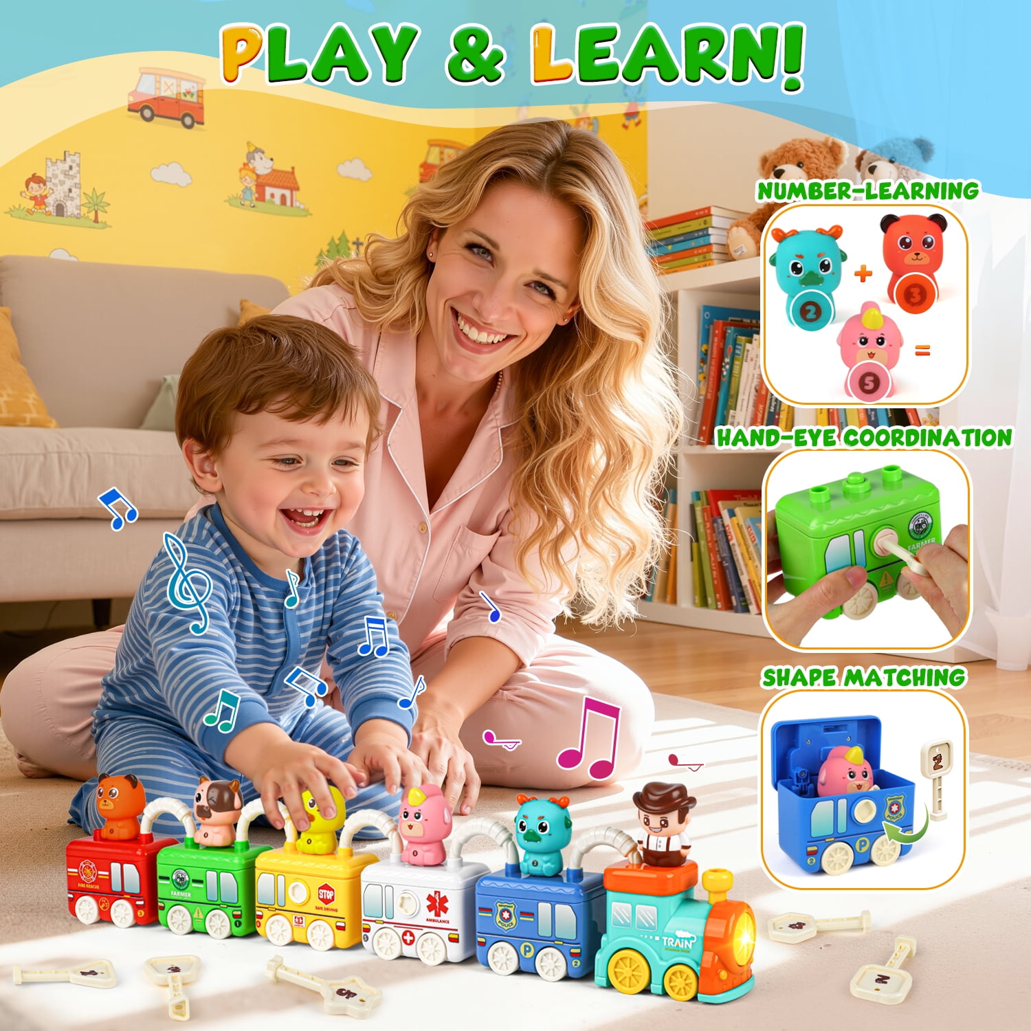 Carsky Montessori Train Toy with Lights & Music, 5-in-1 Vehicle Set w/ Keys, Numbers & Shapes Matching, Finger Puppet Animals&Stackable Cars, Educational Toy Christmas Train Gift for Toddlers 2-5