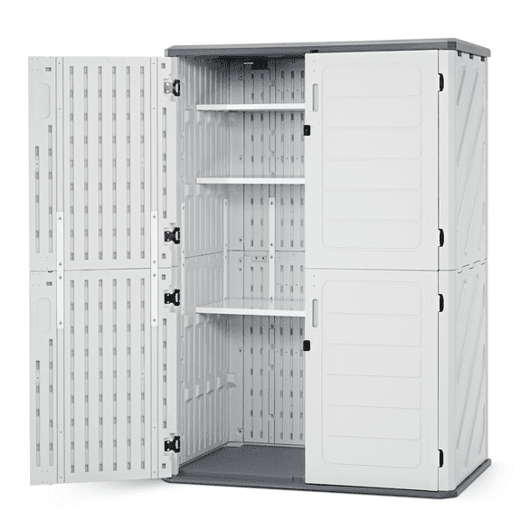 Macrout 4.3 x 2.5 ft Vertical Outdoor Plastic Storage Cabinet with Floor, Resin Garden Tool Shed