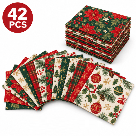 Christmas Precut Fabric Squares, 42pc Poinsettia Snowflake Plaid Fabric for DIY Quilting and Sewing, 5 x 5 in Craft Kit Set