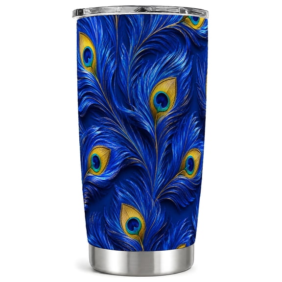 Peacock Feather Tumbler 20oz, Blue Feather Tumbler, Stainless Steel Travel Cup