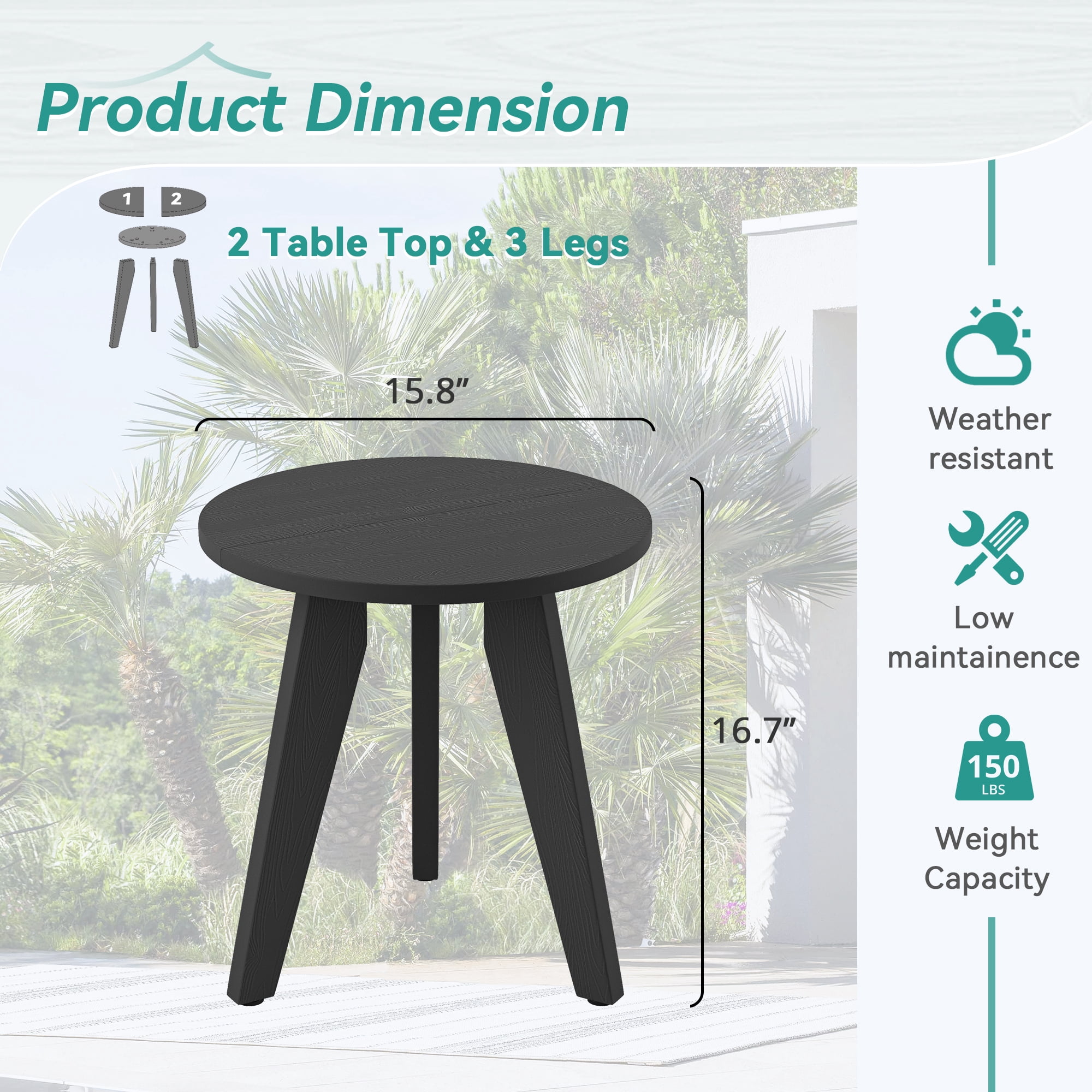 Dycanpo Outdoor Side Table for Patio, Small Round End Table Weather-Resistant for Living Room, Bedroom, Black