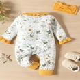 thumbnail image 3 of Newborn Baby Girls Long Sleeve Rompers Floral Print Ruffles Zipper Jumpsuits Bodysuit + Headband, 3 of 7