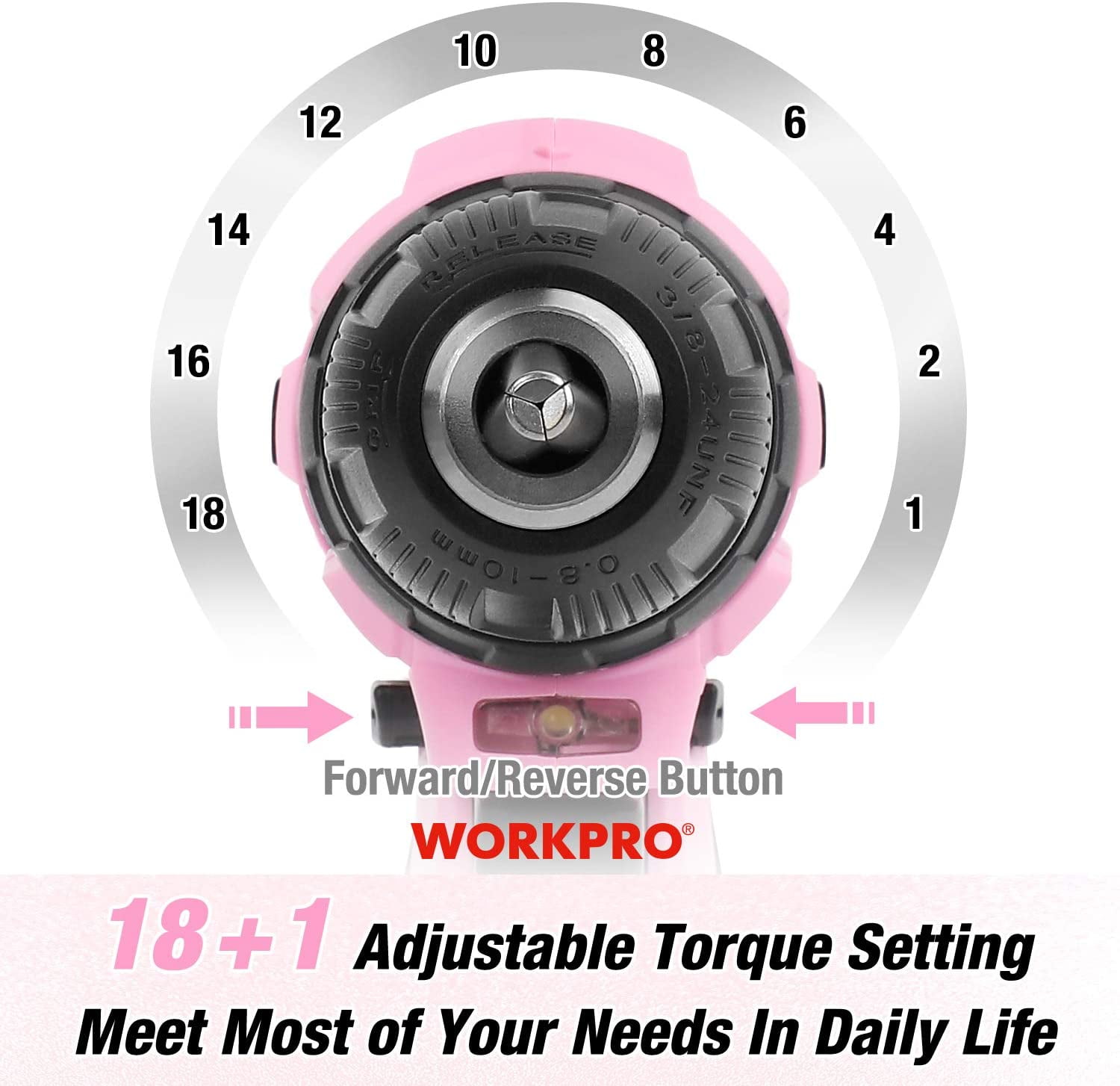 WORKPRO 12V Cordless Drill Driver Kit, Power Tool Kit for Home, 61-Piece Hand Tool Set, 14-inch Storage Bag, 1.5Ah Lithium-ion Battery & Charger included (Pink)