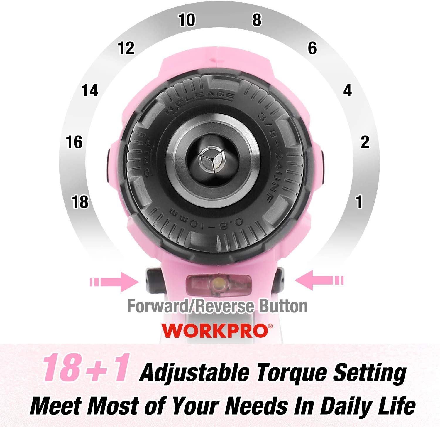 WORKPRO 12V Cordless Drill Driver Kit, Pink, 61-Piece Set photo 3