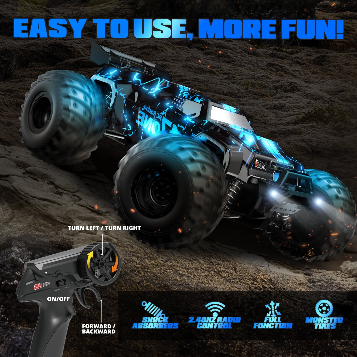 JoyStone Glowing RC Cars with Body Lights & Headlights, 1:14 Scale Remote Control Truck, 15+ mph High Speed Monster Truck, 2 Batteries for Boys Kids, Blue