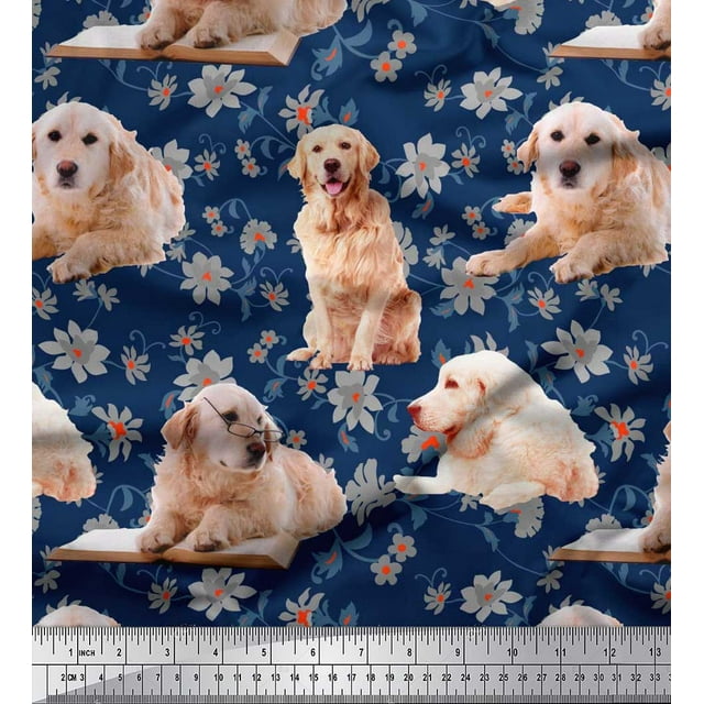 Soimoi Cotton Cambric Fabric Floral,Book & Golden Retriever Dog Decor Fabric Printed Yard 56 Inch Wide