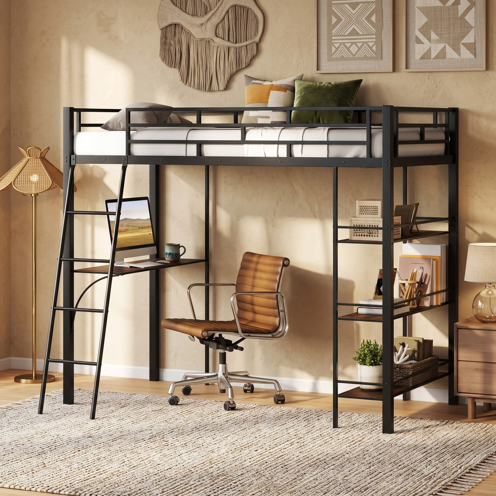 Furnibear Twin Size Loft Bed with Desk and 3-Tier Shelves for Kids and Home, Space-Saving Metal Loft Bed Frame with Ladder and Guardrails, Black