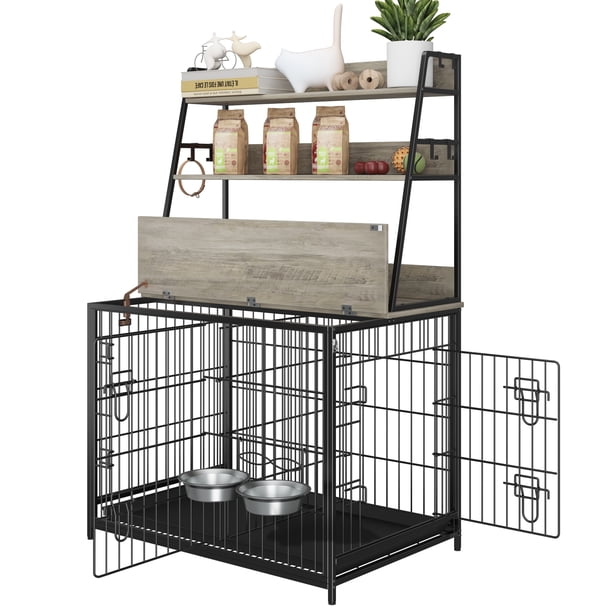 Jaula para perro de madera con estantes, jaula interior con bandeja removible, puertas dobles, diseño moderno para perros