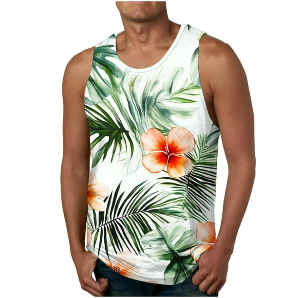Camiseta sin mangas de cuello redondo para hombre, estilo informal, con estampado hawaiano, sin mangas, deportiva, con cuello redondo